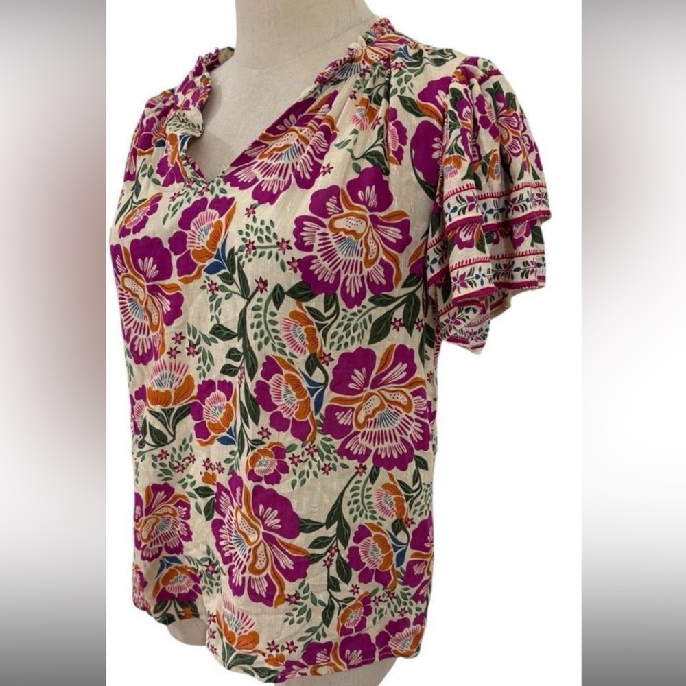 Nicole Miller Atelier Floral Print, bohemian top w/ ruffle sleeve, small